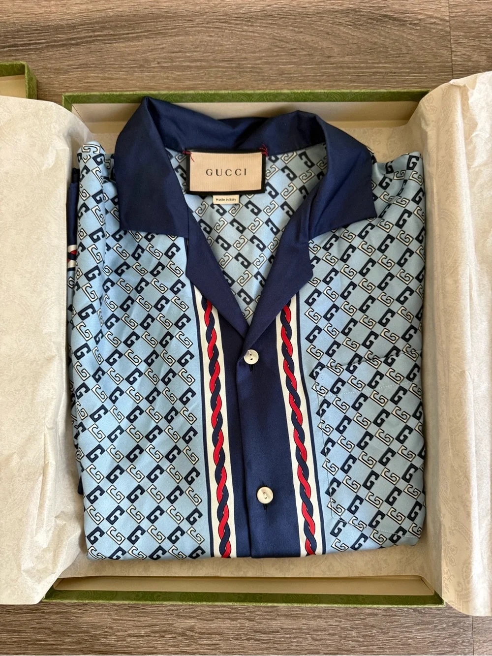 Gucci Mens Light Blue GG-Print Silk Cuban Short-sleeve Shirt (Size 48)